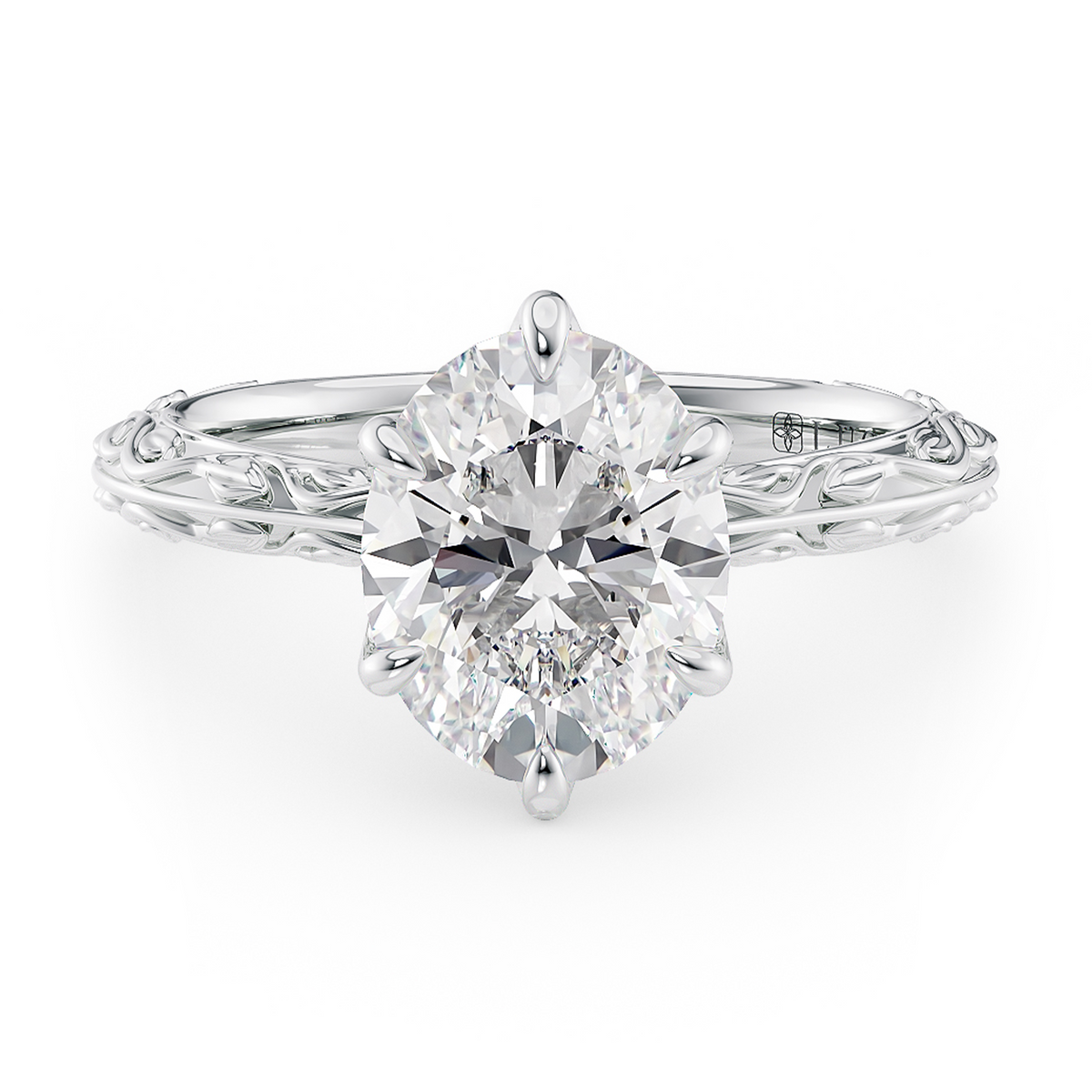 Load image into Gallery viewer, LUCCE Carved Knife Edge Cathedral Oval Diamond Solitaire Engagement Ring with Overlapping Petal Prongs in Gold or Platinum
