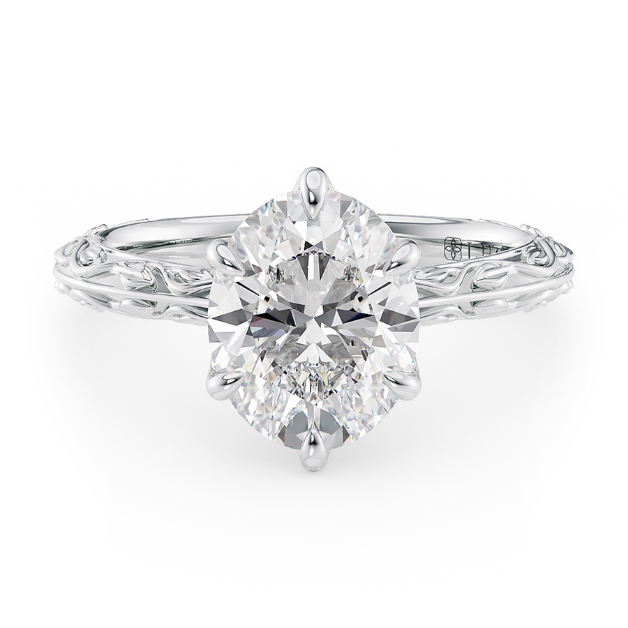 Load image into Gallery viewer, LUCCE Carved Knife Edge Cathedral Oval Diamond Solitaire Engagement Ring with Overlapping Petal Prongs in Gold or Platinum
