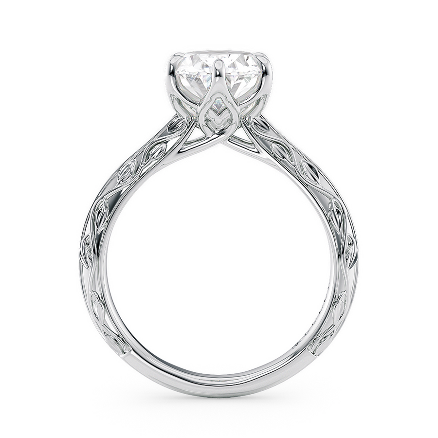 Load image into Gallery viewer, LUCCE Carved Knife Edge Cathedral Oval Diamond Solitaire Engagement Ring with Overlapping Petal Prongs in Gold or Platinum
