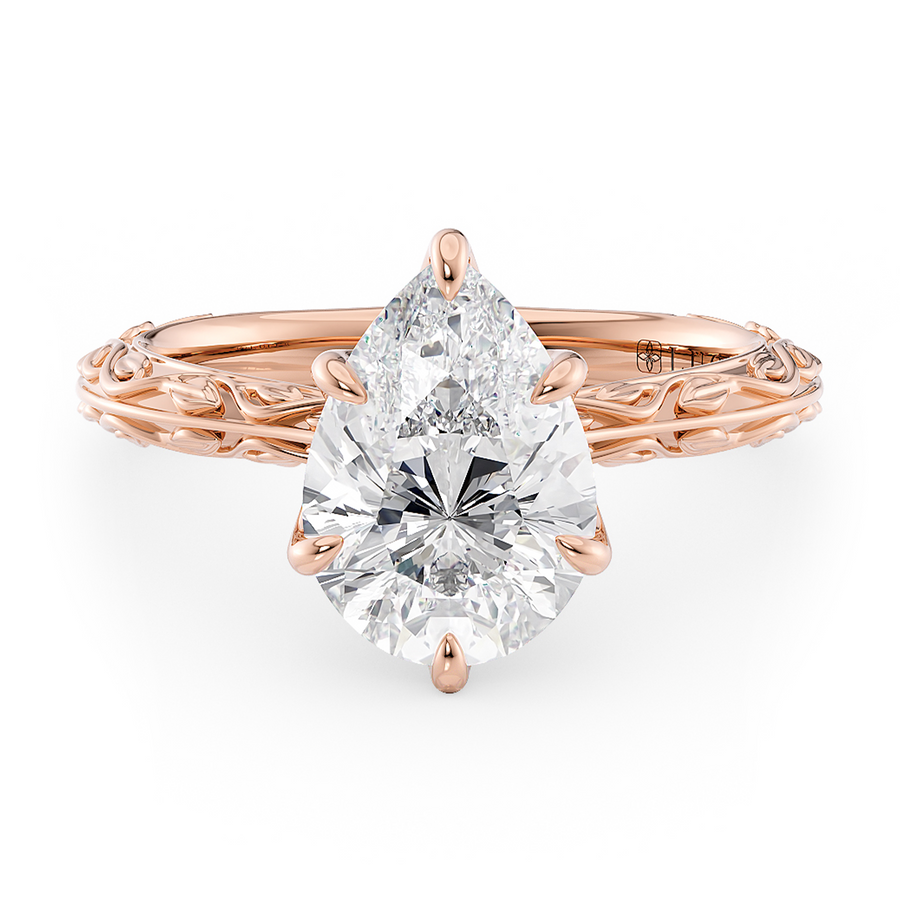 Load image into Gallery viewer, LUCCE Carved Knife Edge Cathedral Pear Diamond Solitaire Engagement Ring with Overlapping Petal Prongs in Gold or Platinum
