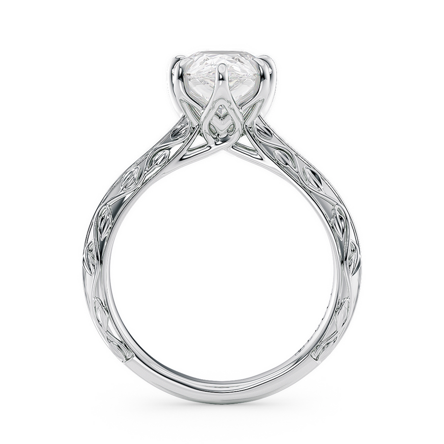 Load image into Gallery viewer, LUCCE Carved Knife Edge Cathedral Pear Diamond Solitaire Engagement Ring with Overlapping Petal Prongs in Gold or Platinum
