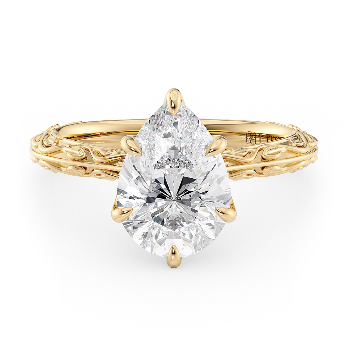 Load image into Gallery viewer, LUCCE Carved Knife Edge Cathedral Pear Diamond Solitaire Engagement Ring with Overlapping Petal Prongs in Gold or Platinum
