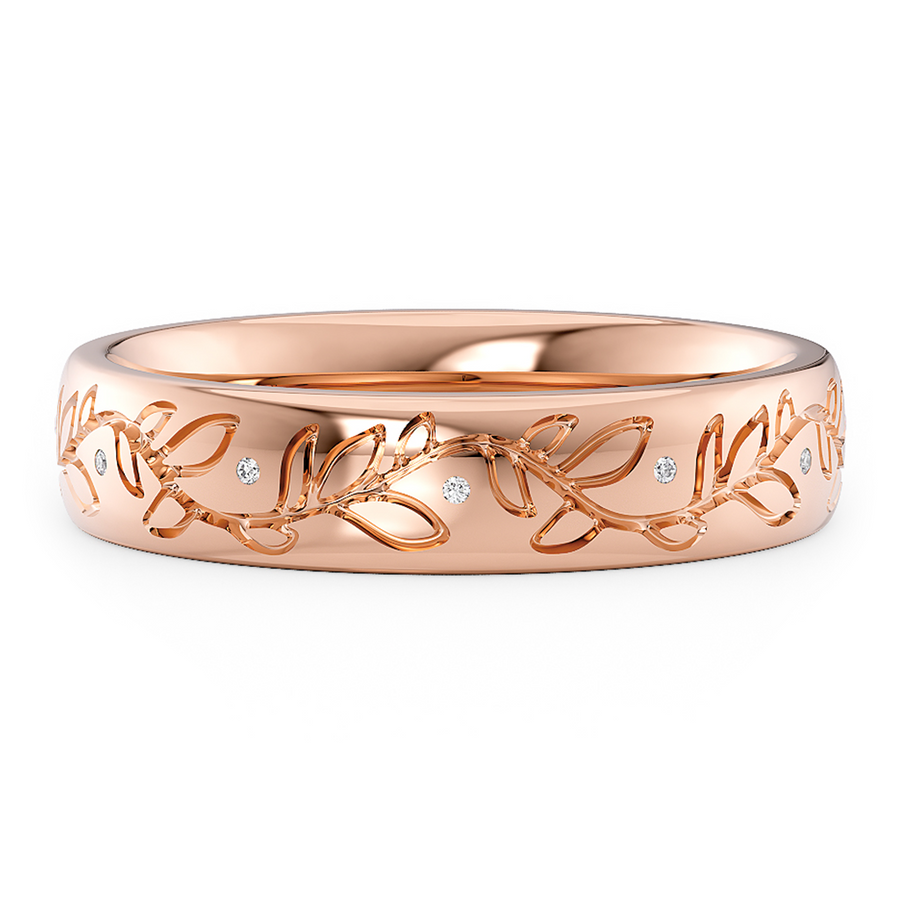 Load image into Gallery viewer, LUCCE Exterior Carved Leaf Motif Wedding Band with Round Diamonds in Gold or Platinum
