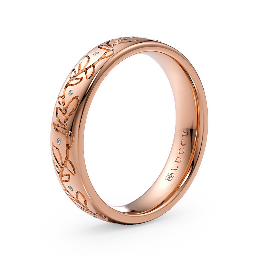 Load image into Gallery viewer, LUCCE Exterior Carved Leaf Motif Wedding Band with Round Diamonds in Gold or Platinum
