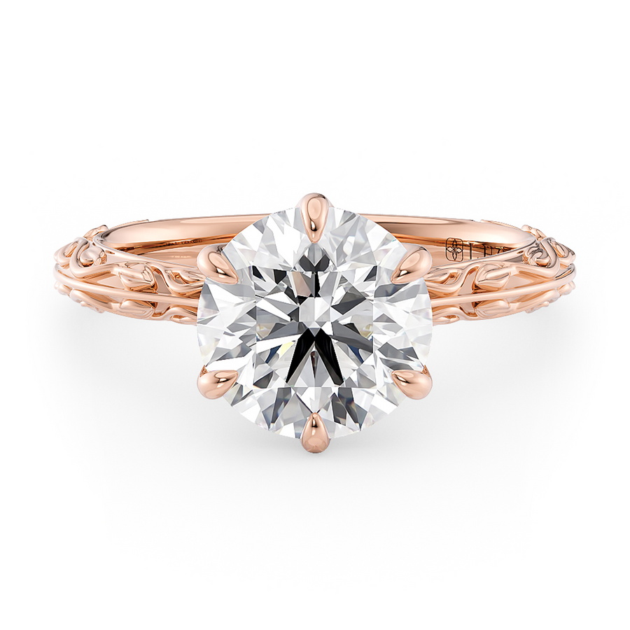 Load image into Gallery viewer, LUCCE Carved Knife Edge Cathedral Round Diamond Solitaire Engagement Ring with Overlapping Petal Prongs in Gold or Platinum
