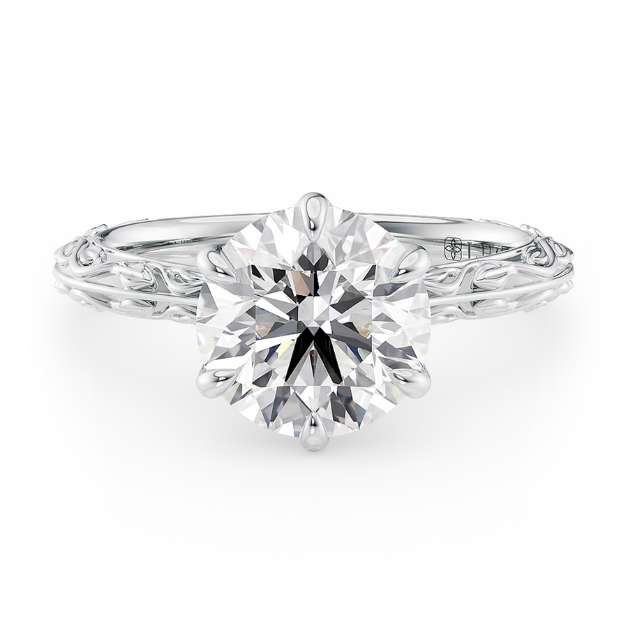 Load image into Gallery viewer, LUCCE Carved Knife Edge Cathedral Round Diamond Solitaire Engagement Ring with Overlapping Petal Prongs in Gold or Platinum
