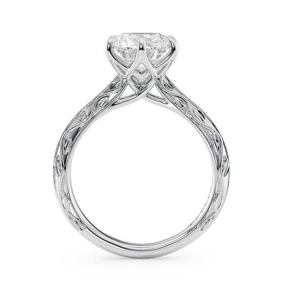 Load image into Gallery viewer, LUCCE Carved Knife Edge Cathedral Round Diamond Solitaire Engagement Ring with Overlapping Petal Prongs in Gold or Platinum
