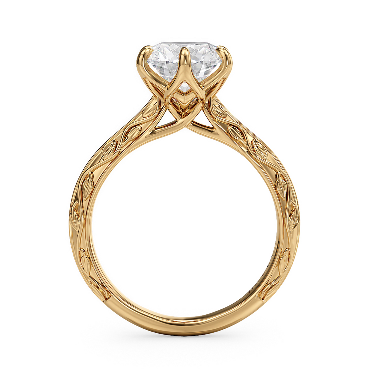 Load image into Gallery viewer, LUCCE Carved Knife Edge Cathedral Round Diamond Solitaire Engagement Ring with Overlapping Petal Prongs in Gold or Platinum
