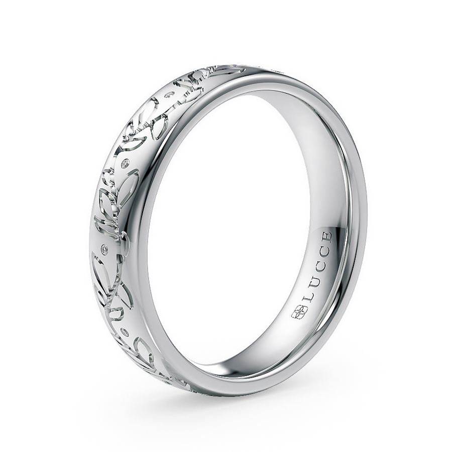 Load image into Gallery viewer, LUCCE Exterior Carved Leaf Motif Wedding Band with Round Diamonds in Gold or Platinum
