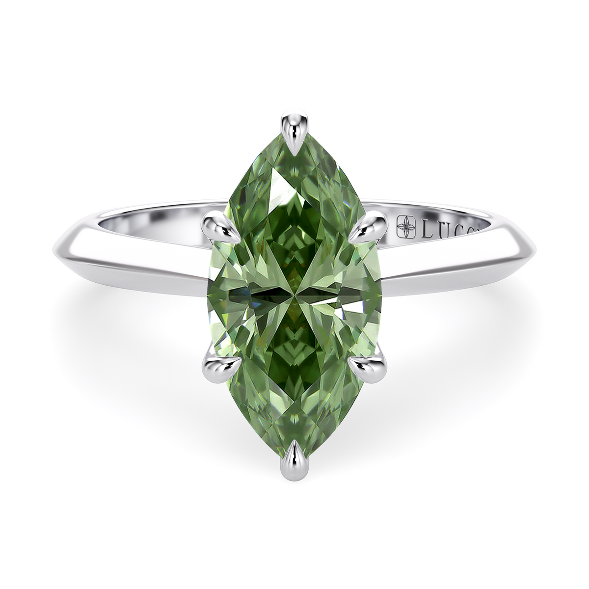 Load image into Gallery viewer, LUCCE Knife Edge Cathedral Marquise Green Diamond Solitaire Engagement Ring with Overlapping Petal Prongs in Gold or Platinum

