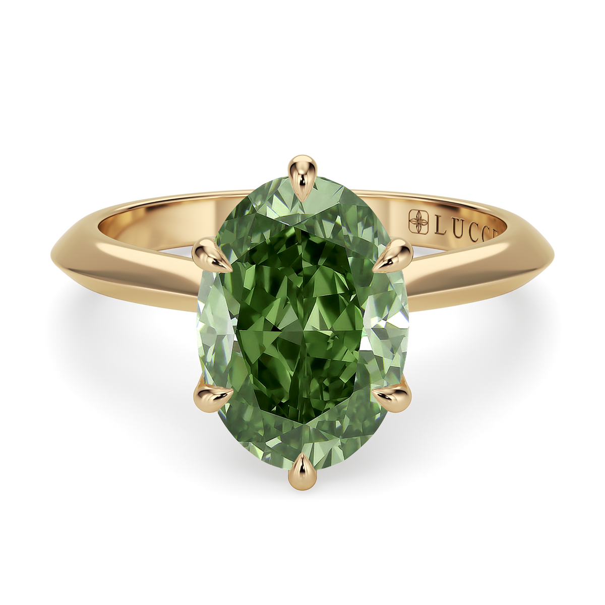 Load image into Gallery viewer, LUCCE Knife Edge Cathedral Oval Green Diamond Solitaire Engagement Ring with Overlapping Petal Prongs in Gold or Platinum
