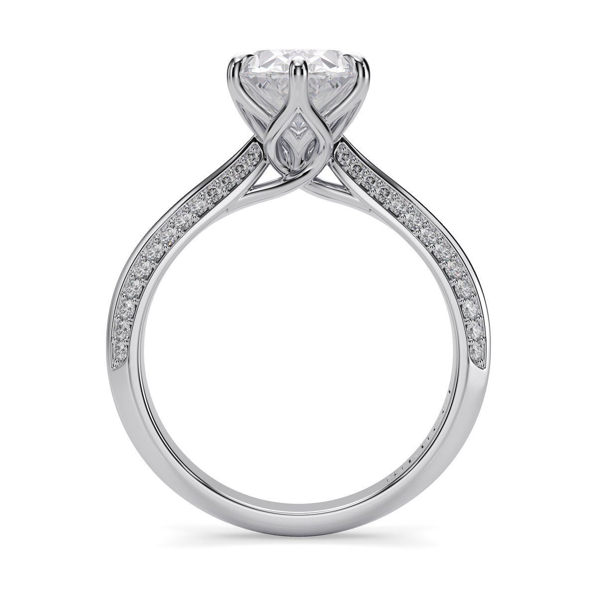Load image into Gallery viewer, LUCCE Knife Edge Cathedral Oval Diamond Pavé Engagement Ring with Overlapping Petal Prongs in Gold or Platinum
