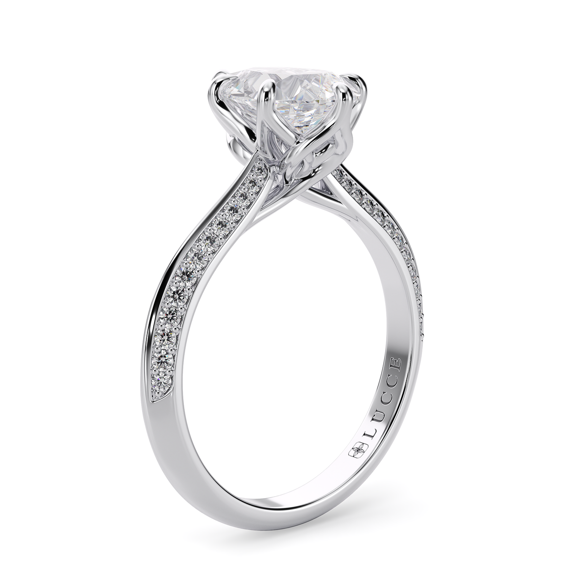 Load image into Gallery viewer, LUCCE Knife Edge Cathedral Pear Diamond Pavé Engagement Ring with Overlapping Petal Prongs in Gold or Platinum
