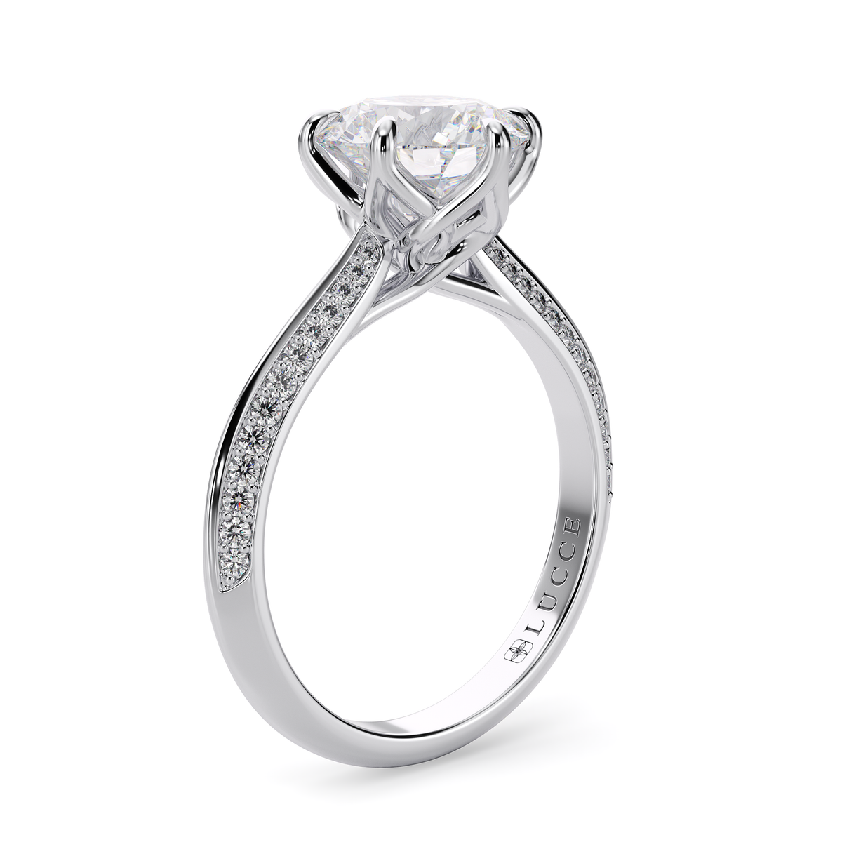 Load image into Gallery viewer, LUCCE Knife Edge Cathedral Round Diamond Pavé Engagement Ring with Overlapping Petal Prongs in Gold or Platinum
