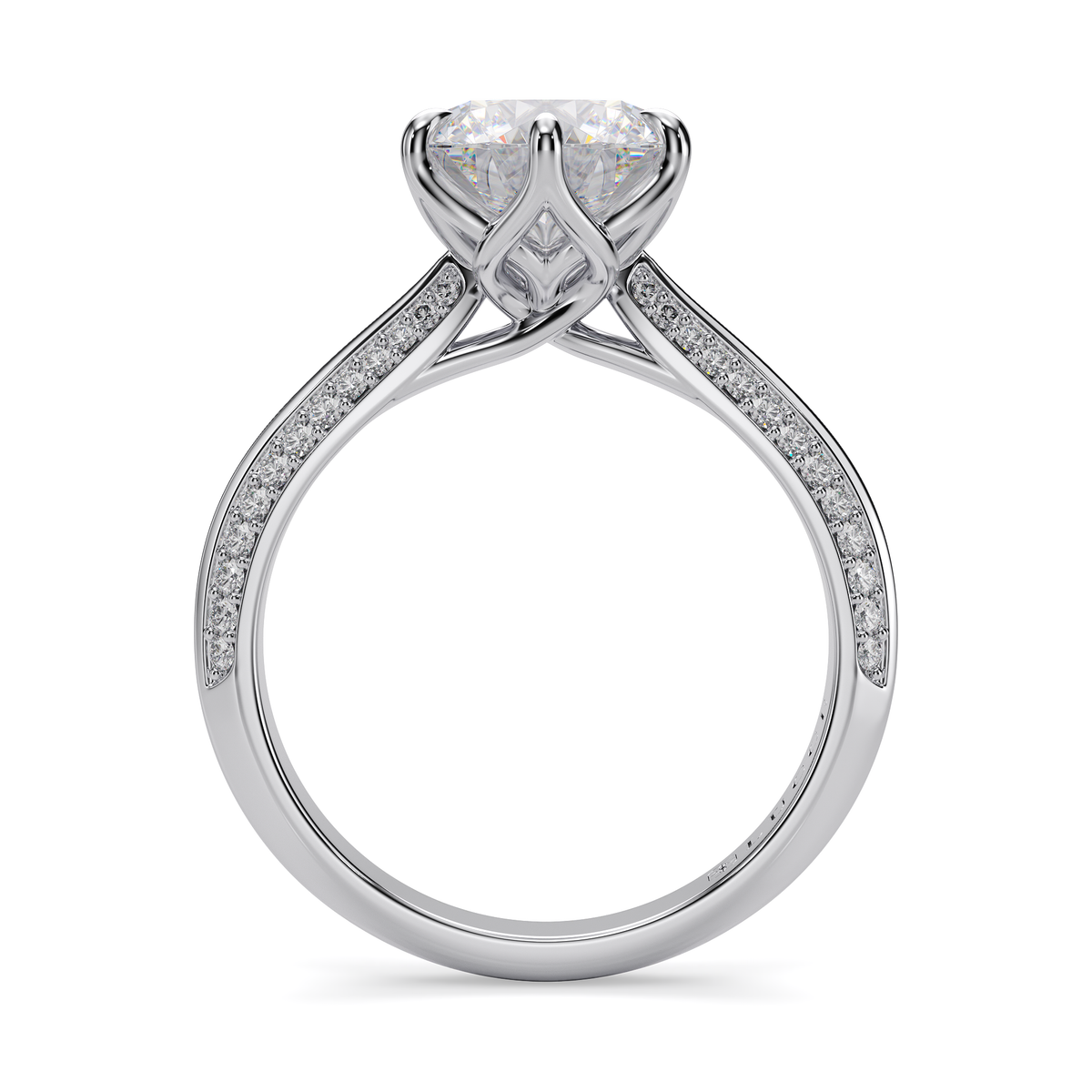 Load image into Gallery viewer, LUCCE Knife Edge Cathedral Round Diamond Pavé Engagement Ring with Overlapping Petal Prongs in Gold or Platinum
