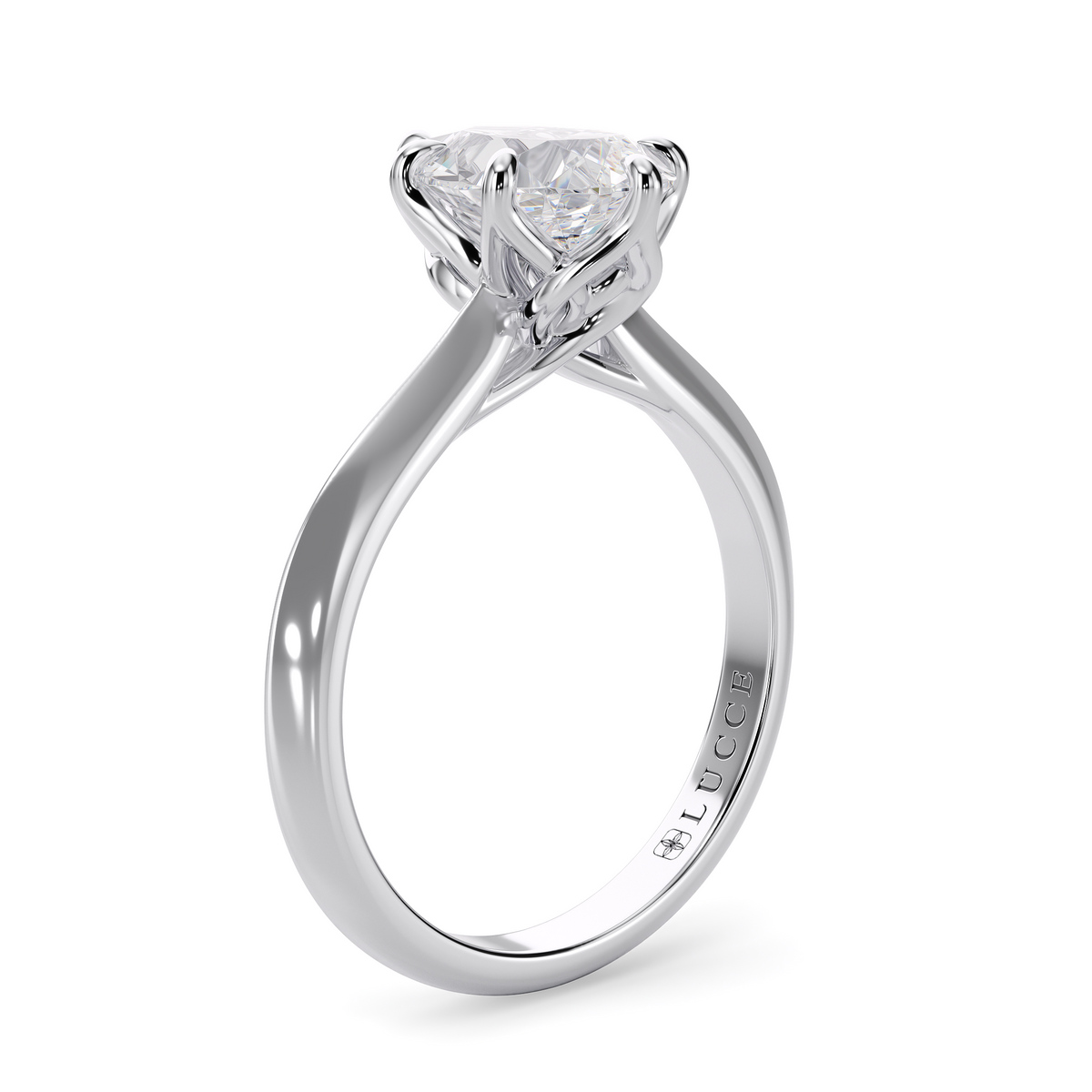 Load image into Gallery viewer, LUCCE Knife Edge Cathedral Pear Diamond Solitaire Engagement Ring with Overlapping Petal Prongs in Gold or Platinum
