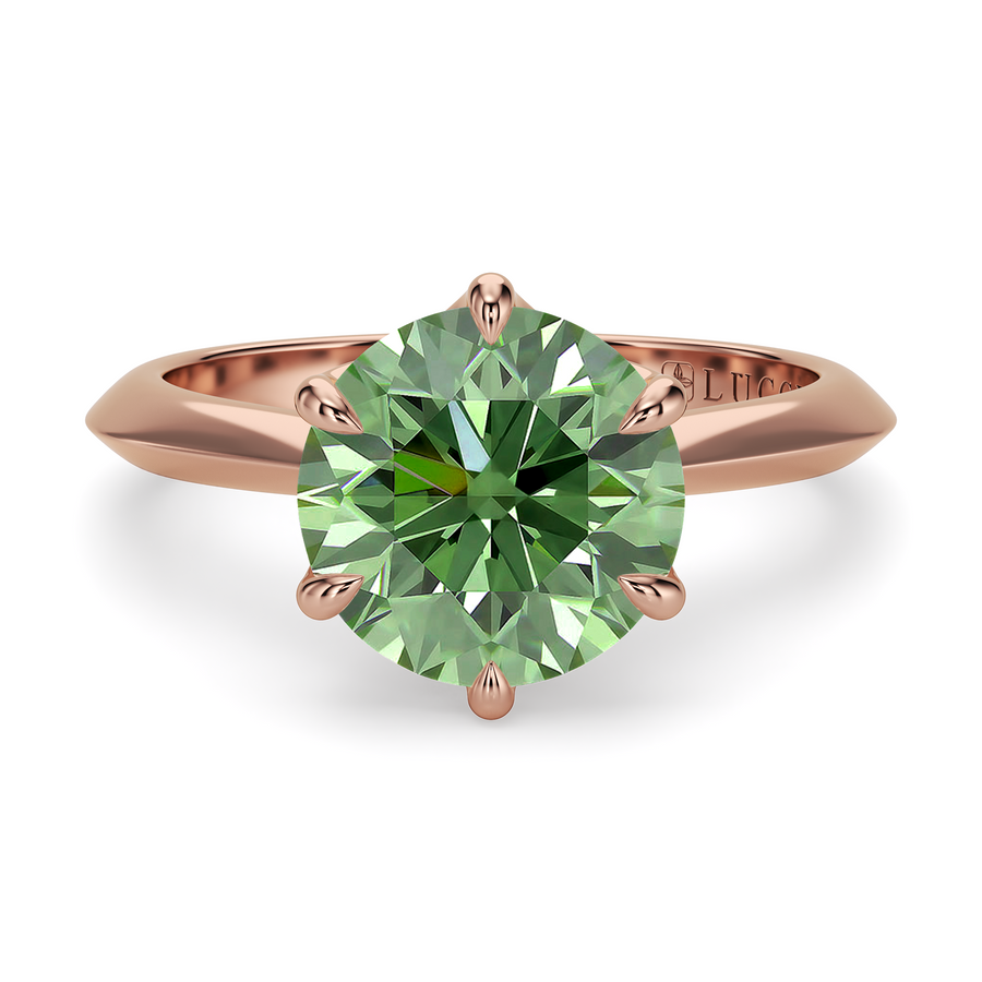 Load image into Gallery viewer, LUCCE Knife Edge Cathedral Round Green Diamond Solitaire Engagement Ring with Overlapping Petal Prongs in Gold or Platinum
