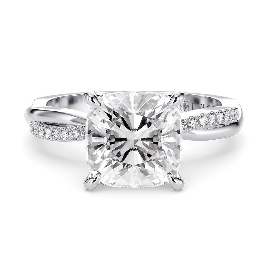 Load image into Gallery viewer, LUCCE Twisting Cushion Pavé Diamond Engagement Ring with Petal Prongs in Gold or Platinum

