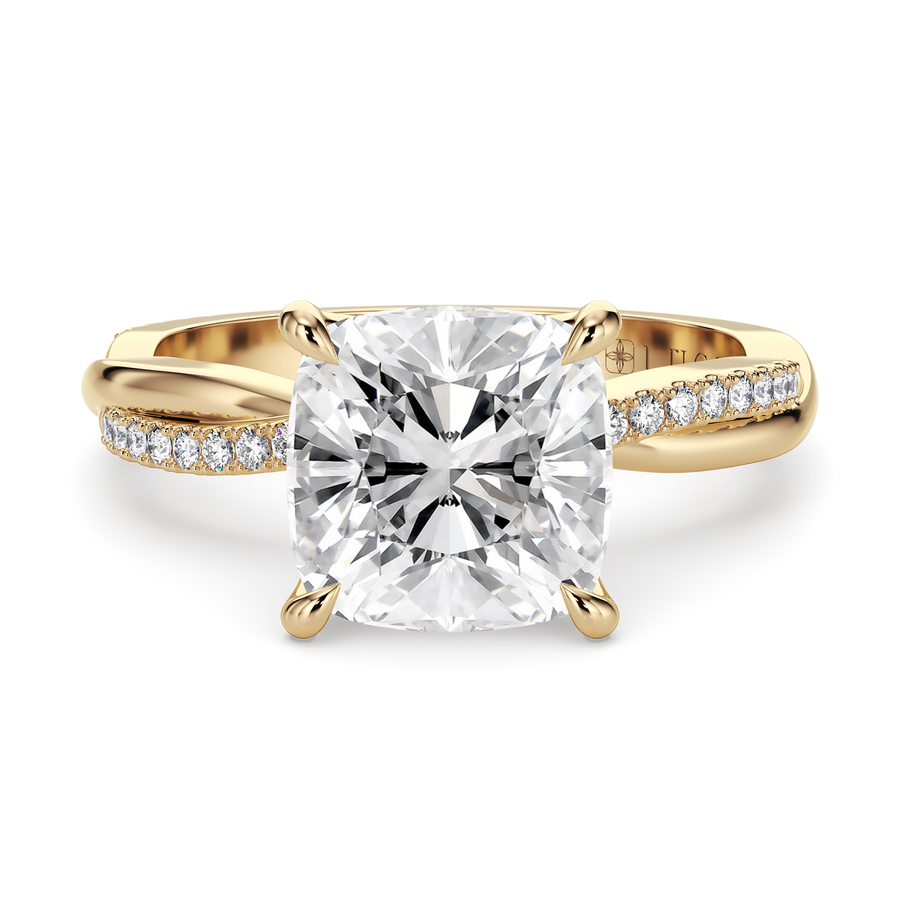 Load image into Gallery viewer, LUCCE Twisting Cushion Pavé Diamond Engagement Ring with Petal Prongs in Gold or Platinum
