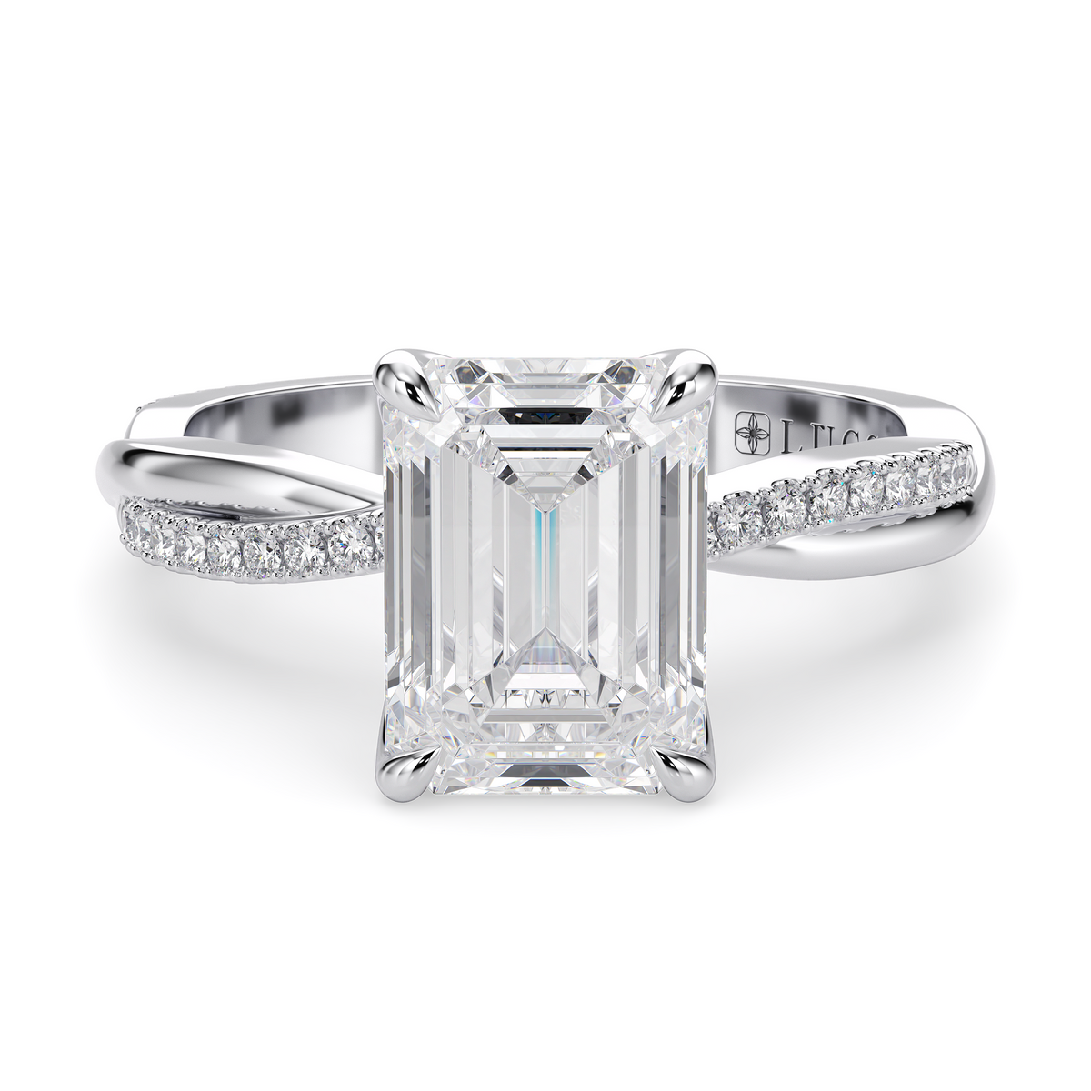 Load image into Gallery viewer, LUCCE Twisting Emerald Pavé Diamond Engagement Ring with Petal Prongs in Gold or Platinum
