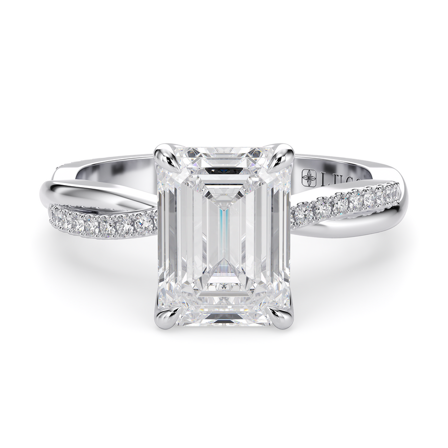 Load image into Gallery viewer, LUCCE Twisting Emerald Pavé Diamond Engagement Ring with Petal Prongs in Gold or Platinum
