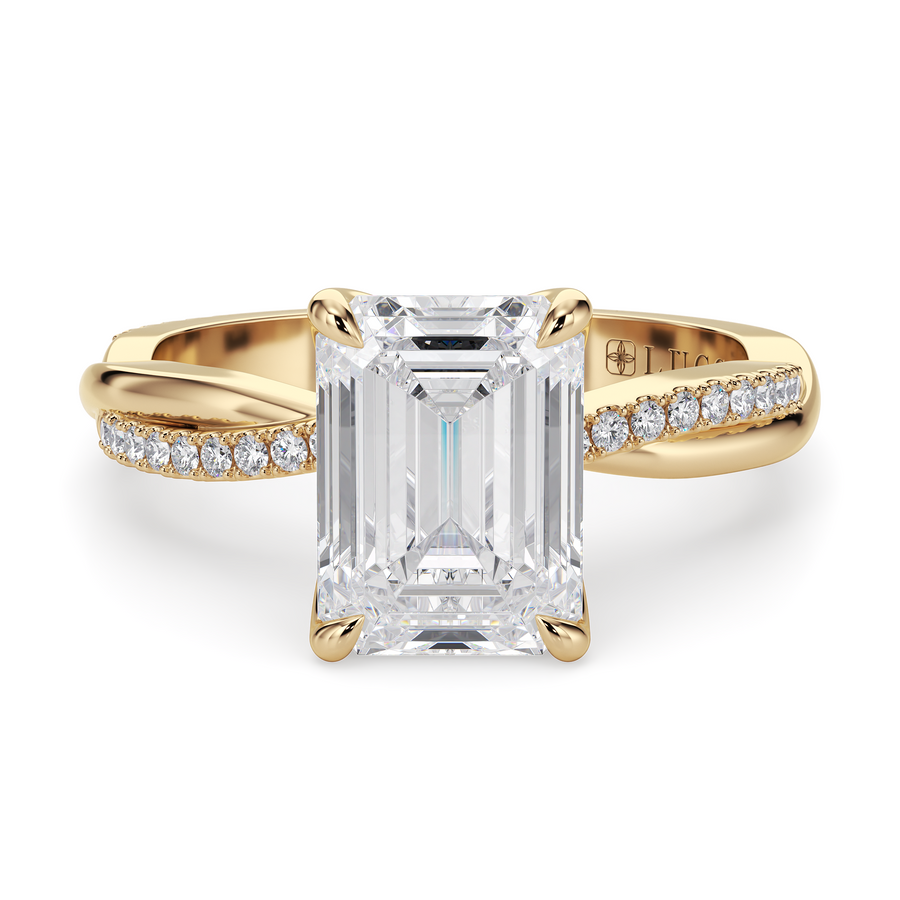 Load image into Gallery viewer, LUCCE Twisting Emerald Pavé Diamond Engagement Ring with Petal Prongs in Gold or Platinum
