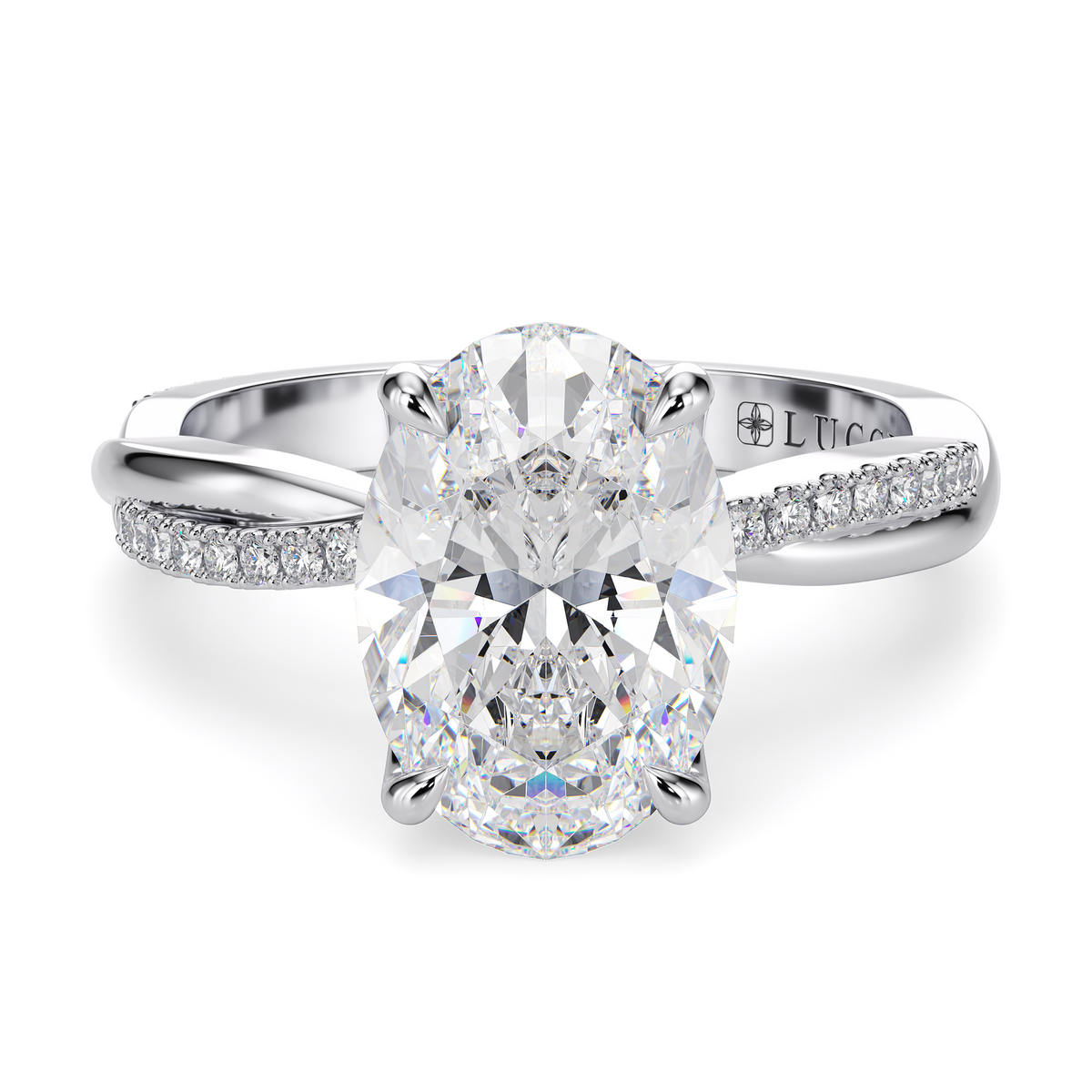 Load image into Gallery viewer, LUCCE Twisting Pavé Oval  Diamond Engagement Ring with Petal Prongs in Gold or Platinum
