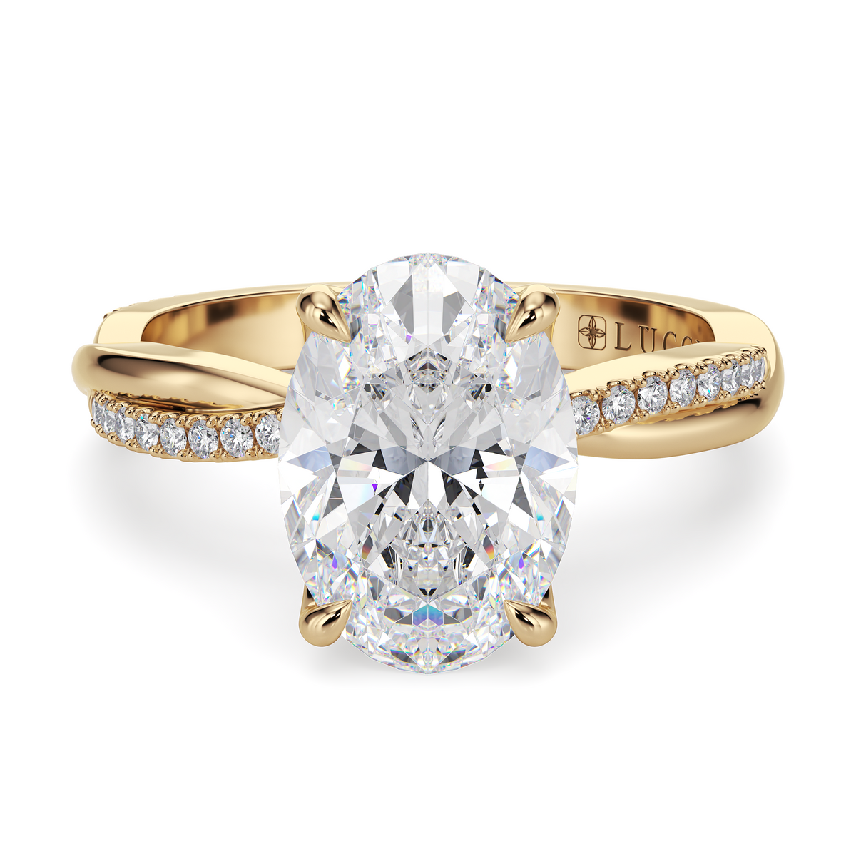 Load image into Gallery viewer, LUCCE Twisting Pavé Oval  Diamond Engagement Ring with Petal Prongs in Gold or Platinum
