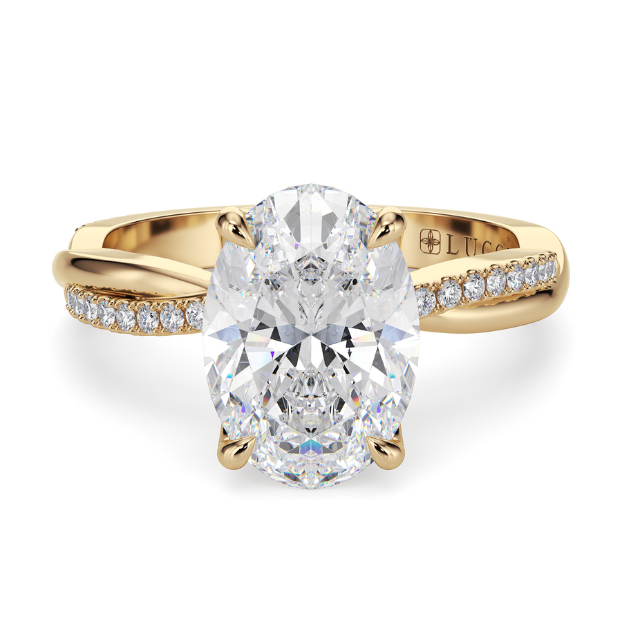 Load image into Gallery viewer, LUCCE Twisting Pavé Oval  Diamond Engagement Ring with Petal Prongs in Gold or Platinum
