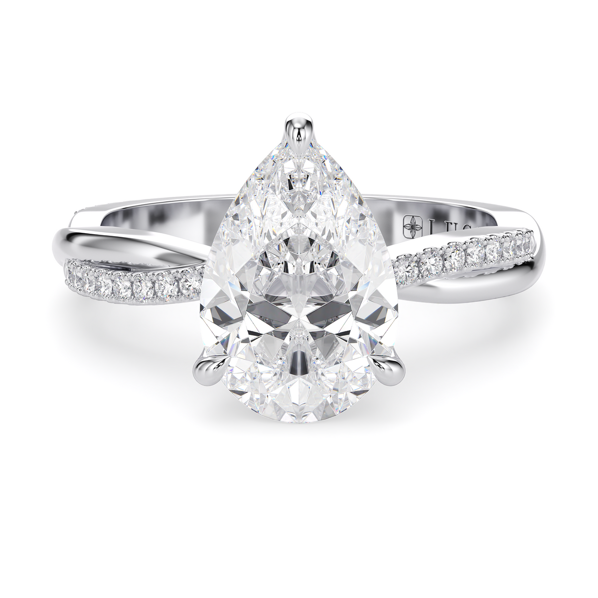 Load image into Gallery viewer, LUCCE Twisting Pear Pavé Diamond Engagement Ring with Petal Prongs in Gold or Platinum
