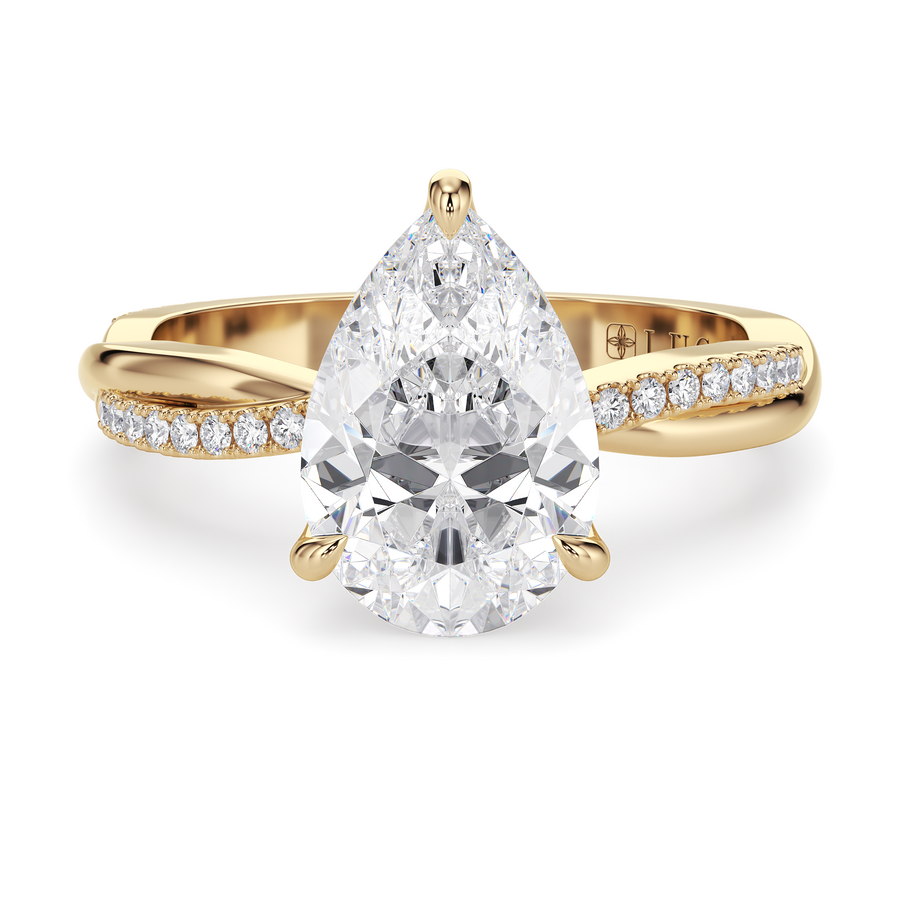 Load image into Gallery viewer, LUCCE Twisting Pear Pavé Diamond Engagement Ring with Petal Prongs in Gold or Platinum
