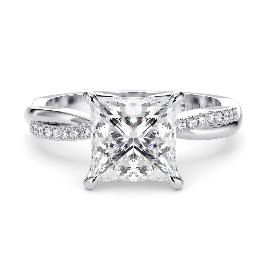 Load image into Gallery viewer, LUCCE Twisting Princess Pavé Diamond Engagement Ring with Petal Prongs in Gold or Platinum
