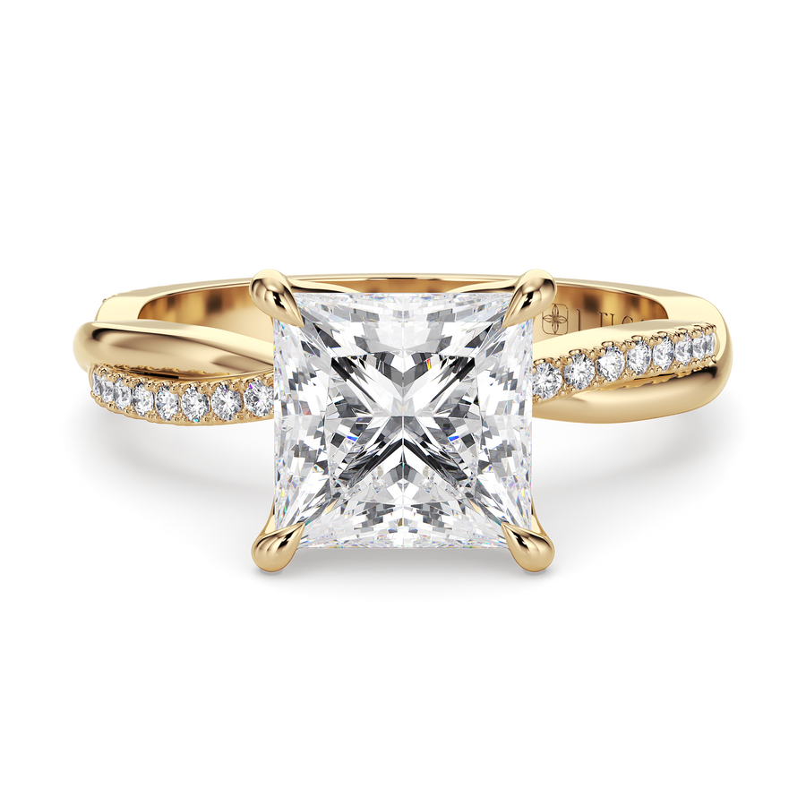 Load image into Gallery viewer, LUCCE Twisting Princess Pavé Diamond Engagement Ring with Petal Prongs in Gold or Platinum
