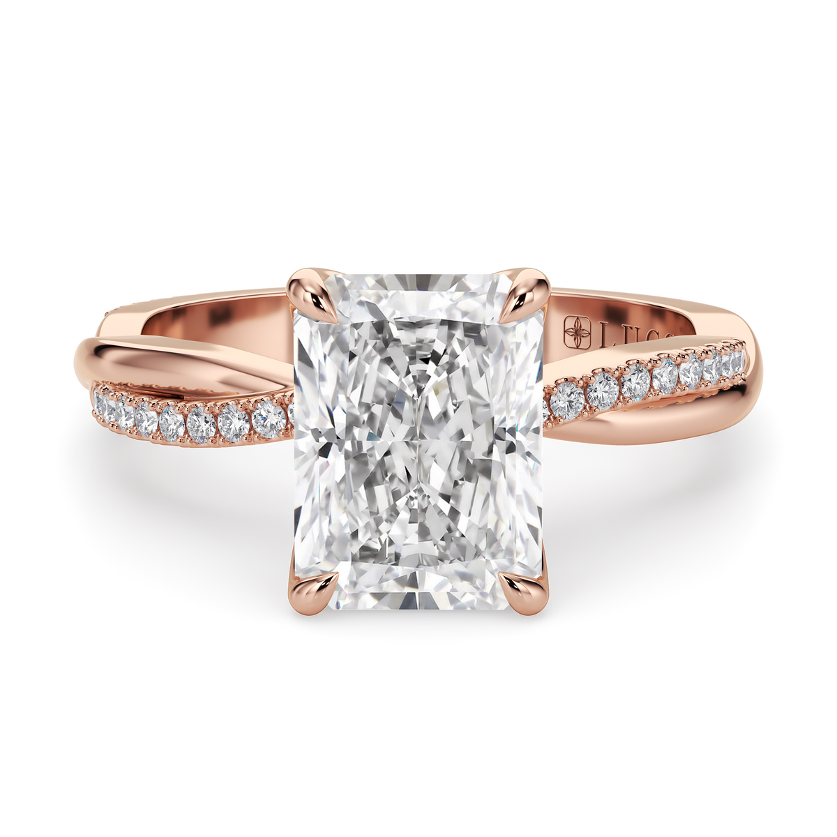 Load image into Gallery viewer, LUCCE Twisting Radiant Pave Diamond Engagement Ring with Petal Prongs in Gold or Platinum

