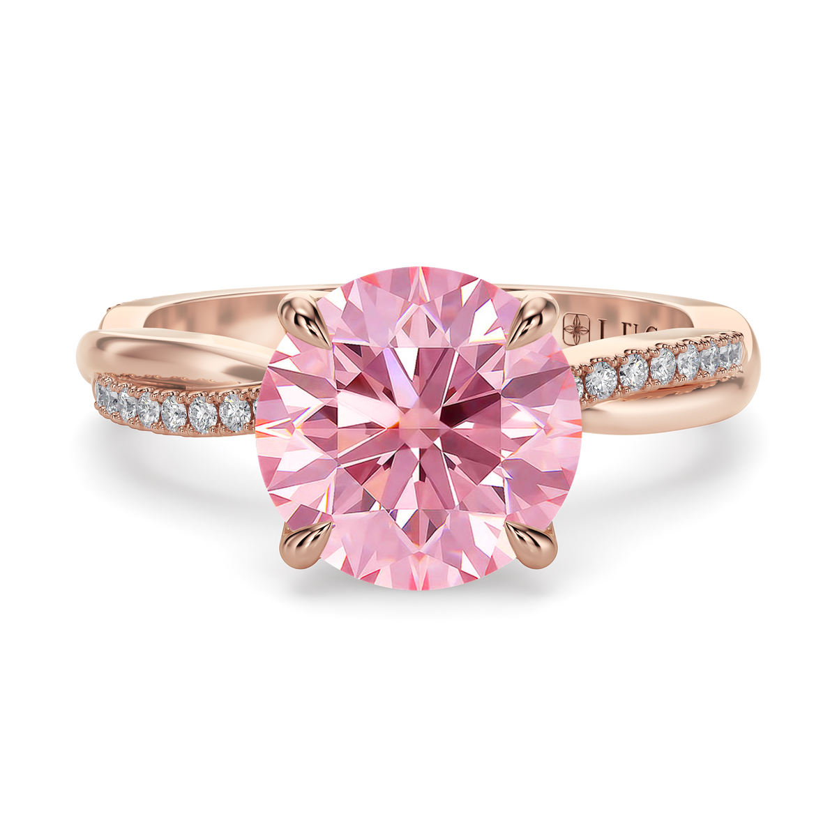 Load image into Gallery viewer, LUCCE Twisting Pavé Round Pink Diamond Engagement Ring with Petal Prongs in Gold or Platinum
