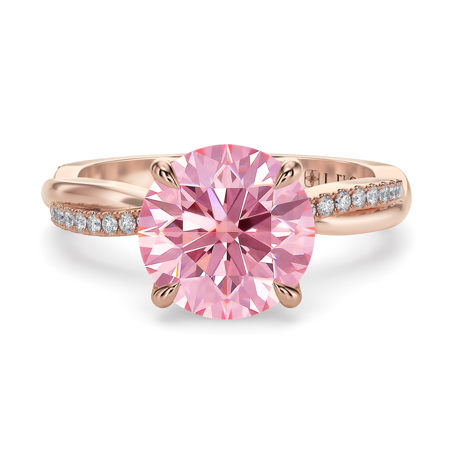 Load image into Gallery viewer, LUCCE Twisting Pavé Round Pink Diamond Engagement Ring with Petal Prongs in Gold or Platinum
