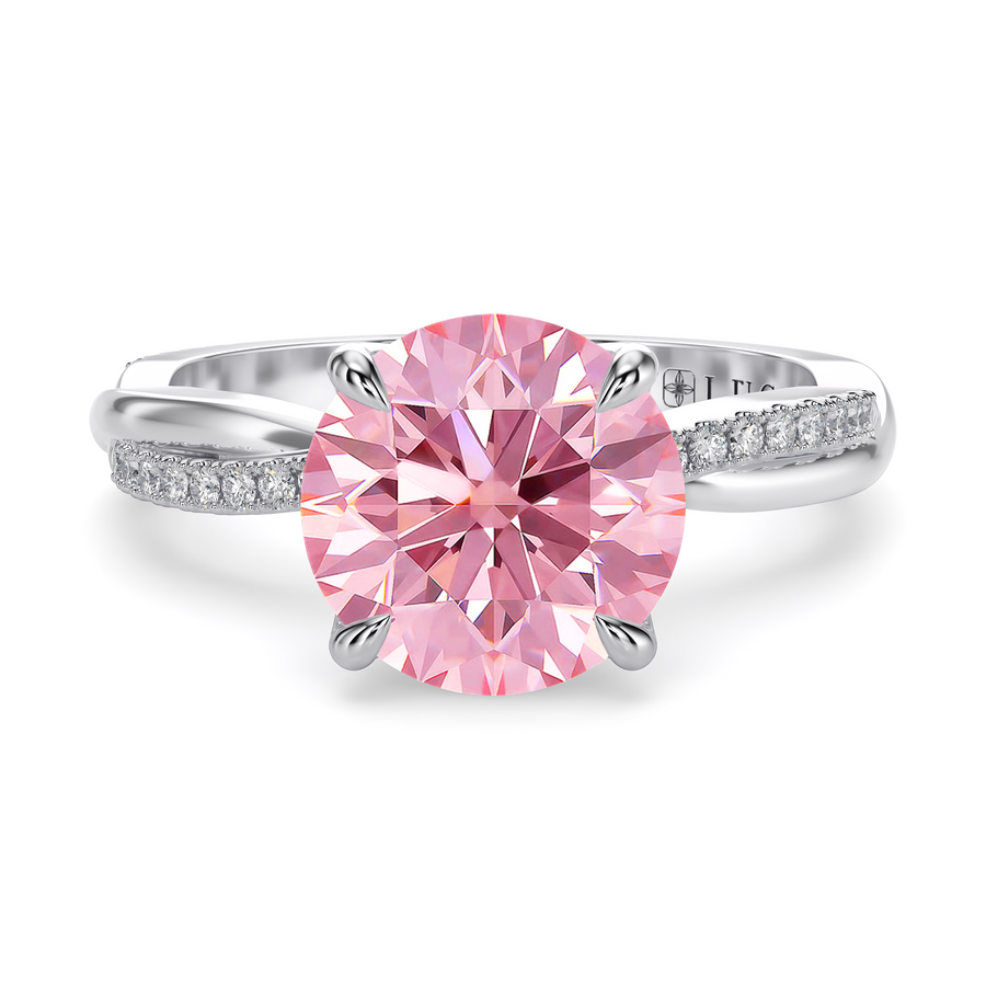 Load image into Gallery viewer, LUCCE Twisting Pavé Round Pink Diamond Engagement Ring with Petal Prongs in Gold or Platinum
