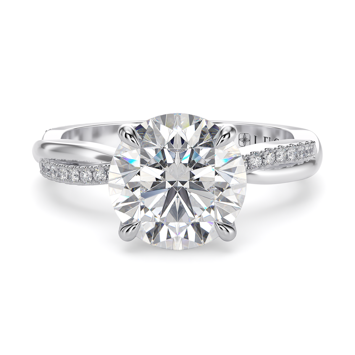 Load image into Gallery viewer, LUCCE Twisting Pavé Round Diamond Engagement Ring with Petal Prongs in Gold or Platinum
