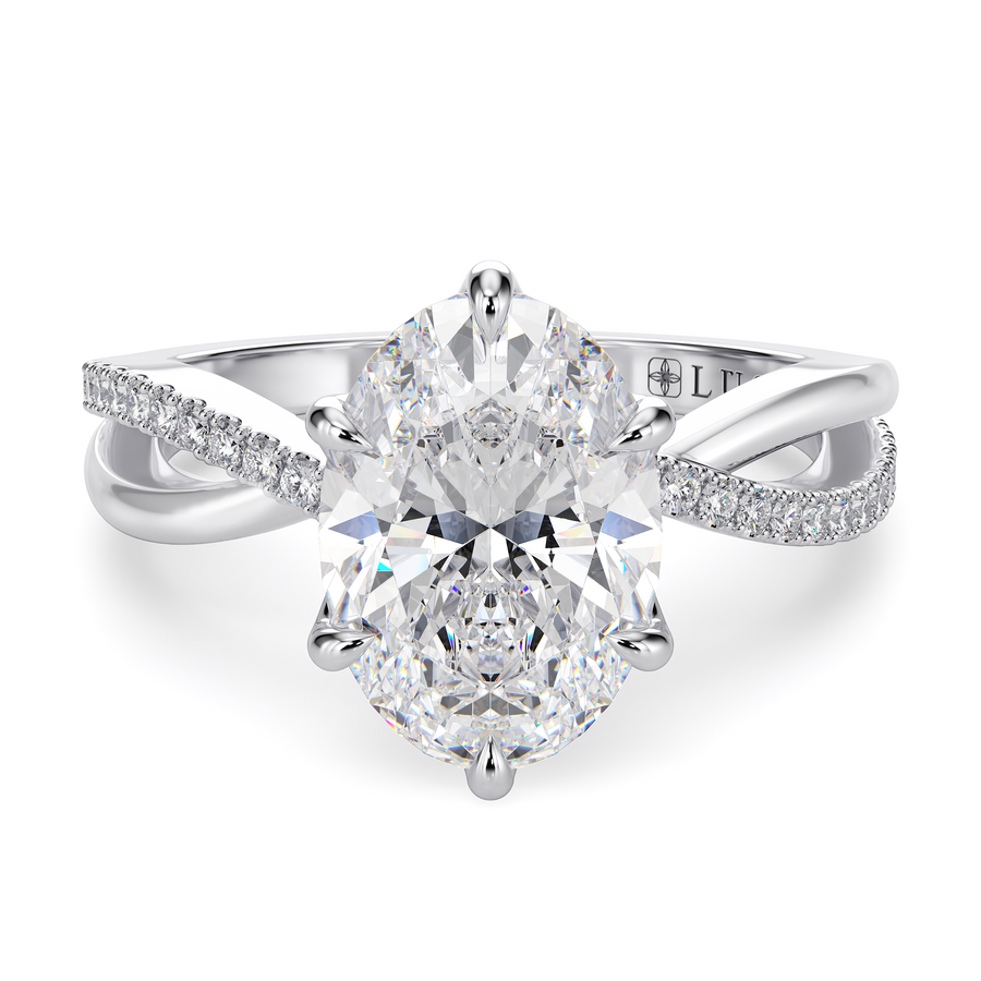 Load image into Gallery viewer, LUCCE Infinity Twisting Pavé Oval  Diamond Engagement Ring with Petal Prongs in Gold or Platinum

