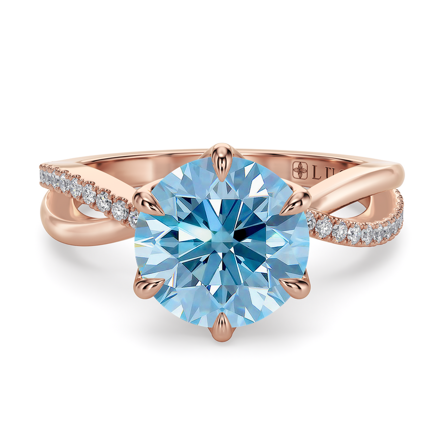 Load image into Gallery viewer, LUCCE Infinity Twisting Pavé Round Blue Diamond with Petal Prongs in Gold or Platinum

