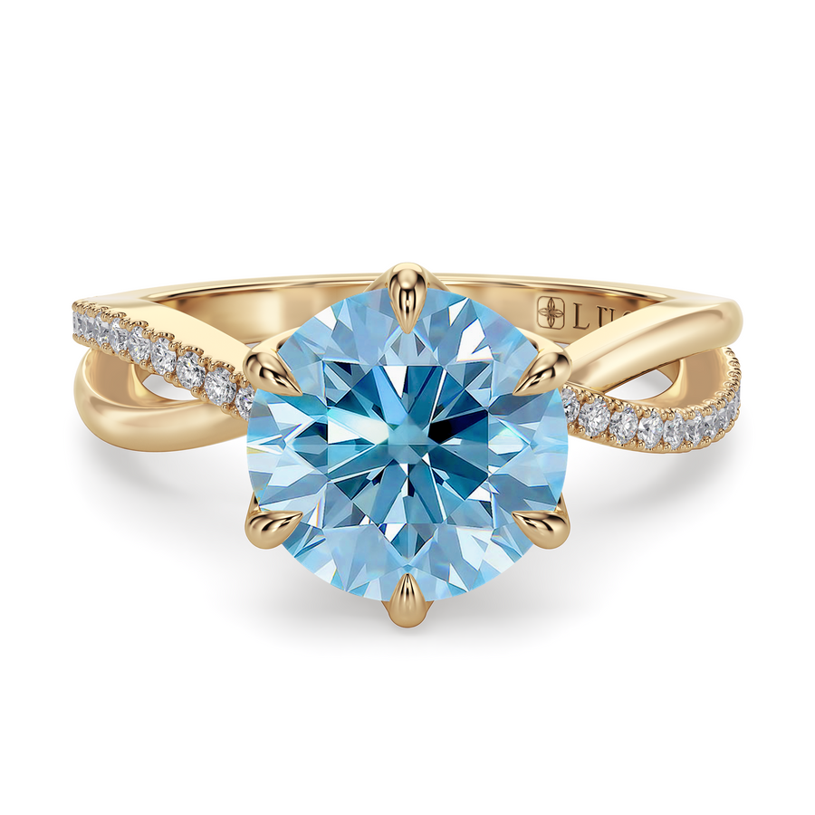 Load image into Gallery viewer, LUCCE Infinity Twisting Pavé Round Blue Diamond with Petal Prongs in Gold or Platinum
