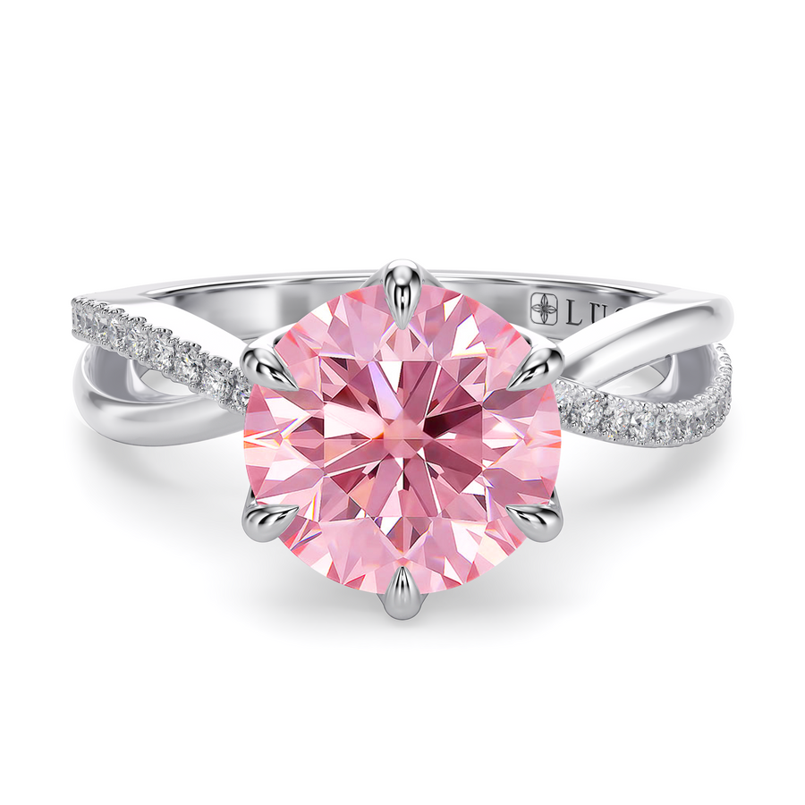 Load image into Gallery viewer, LUCCE Infinity Twisting Pavé Round Pink Diamond with Petal Prongs in Gold or Platinum

