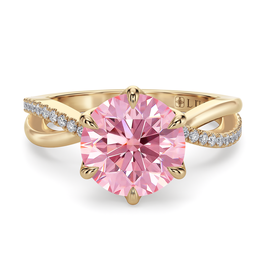 Load image into Gallery viewer, LUCCE Infinity Twisting Pavé Round Pink Diamond with Petal Prongs in Gold or Platinum
