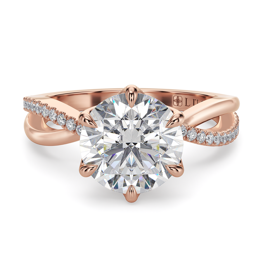 Load image into Gallery viewer, LUCCE Infinity Twisting Pavé Round Diamond with Petal Prongs in Gold or Platinum

