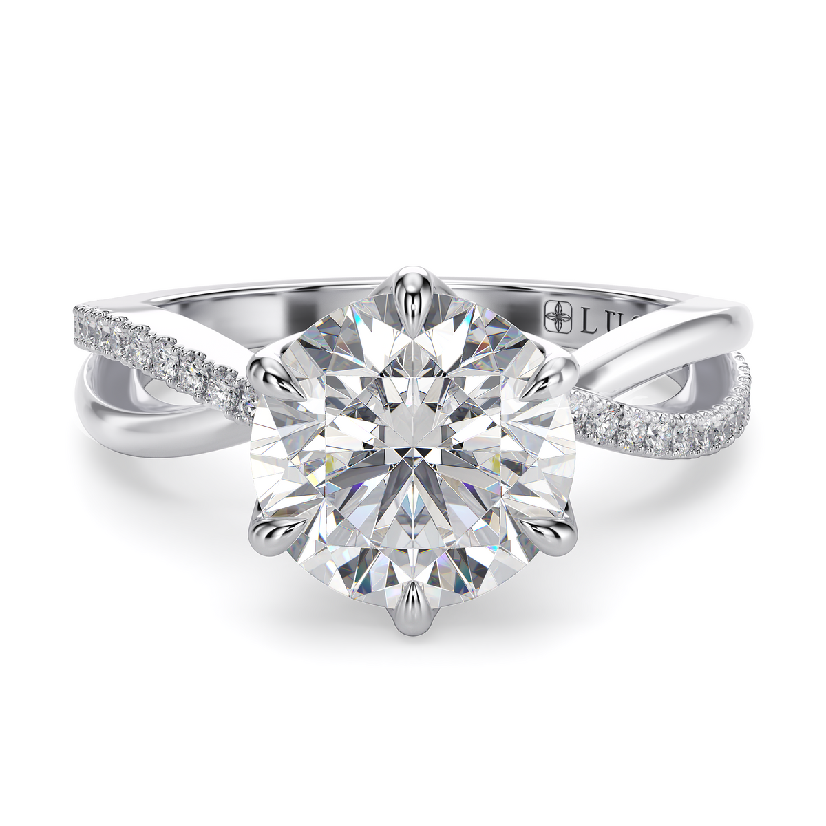 Load image into Gallery viewer, LUCCE Infinity Twisting Pavé Round Diamond with Petal Prongs in Gold or Platinum
