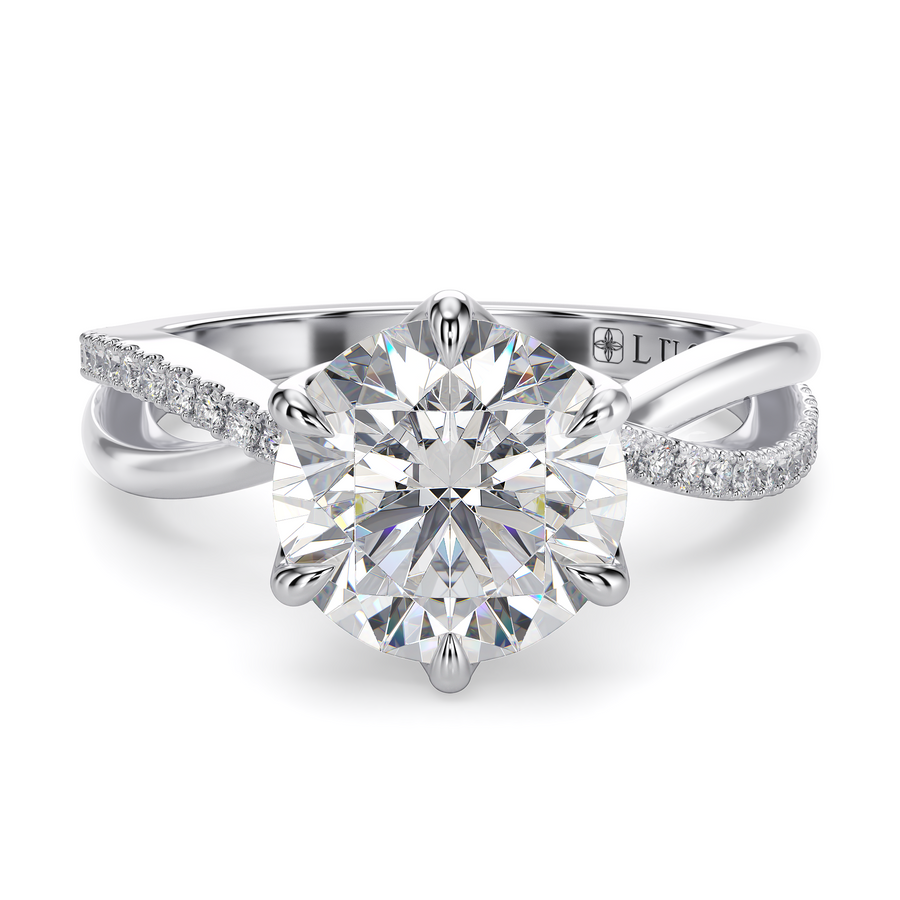Load image into Gallery viewer, LUCCE Infinity Twisting Pavé Round Diamond with Petal Prongs in Gold or Platinum
