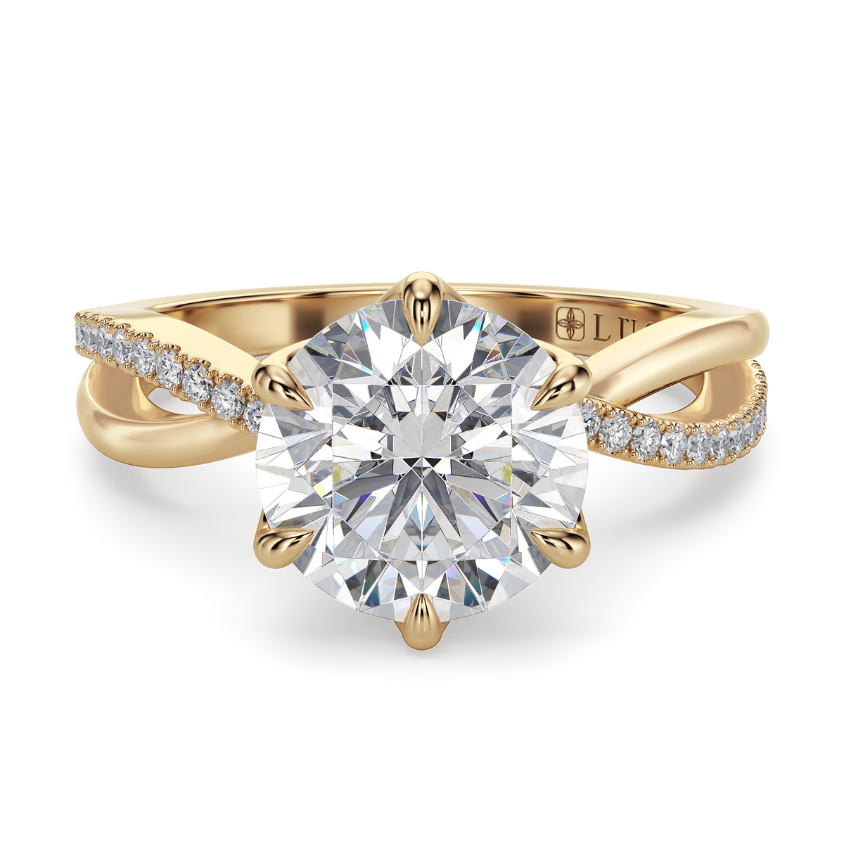 Load image into Gallery viewer, LUCCE Infinity Twisting Pavé Round Diamond with Petal Prongs in Gold or Platinum
