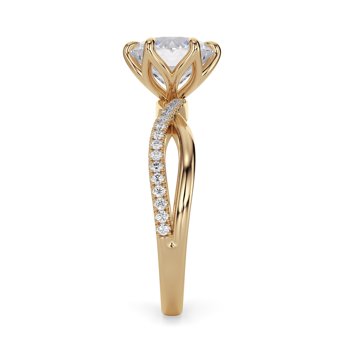 Load image into Gallery viewer, LUCCE Infinity Twisting Pavé Round Diamond with Petal Prongs in Gold or Platinum
