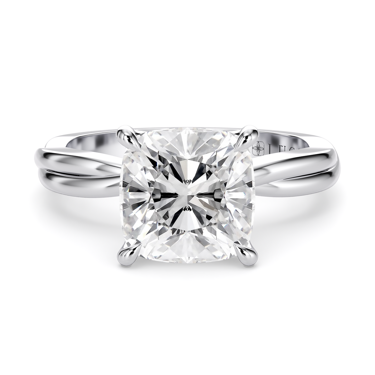 Load image into Gallery viewer, LUCCE Twisting Cushion Solitaire Diamond Engagement Ring with Petal Prongs in Gold or Platinum
