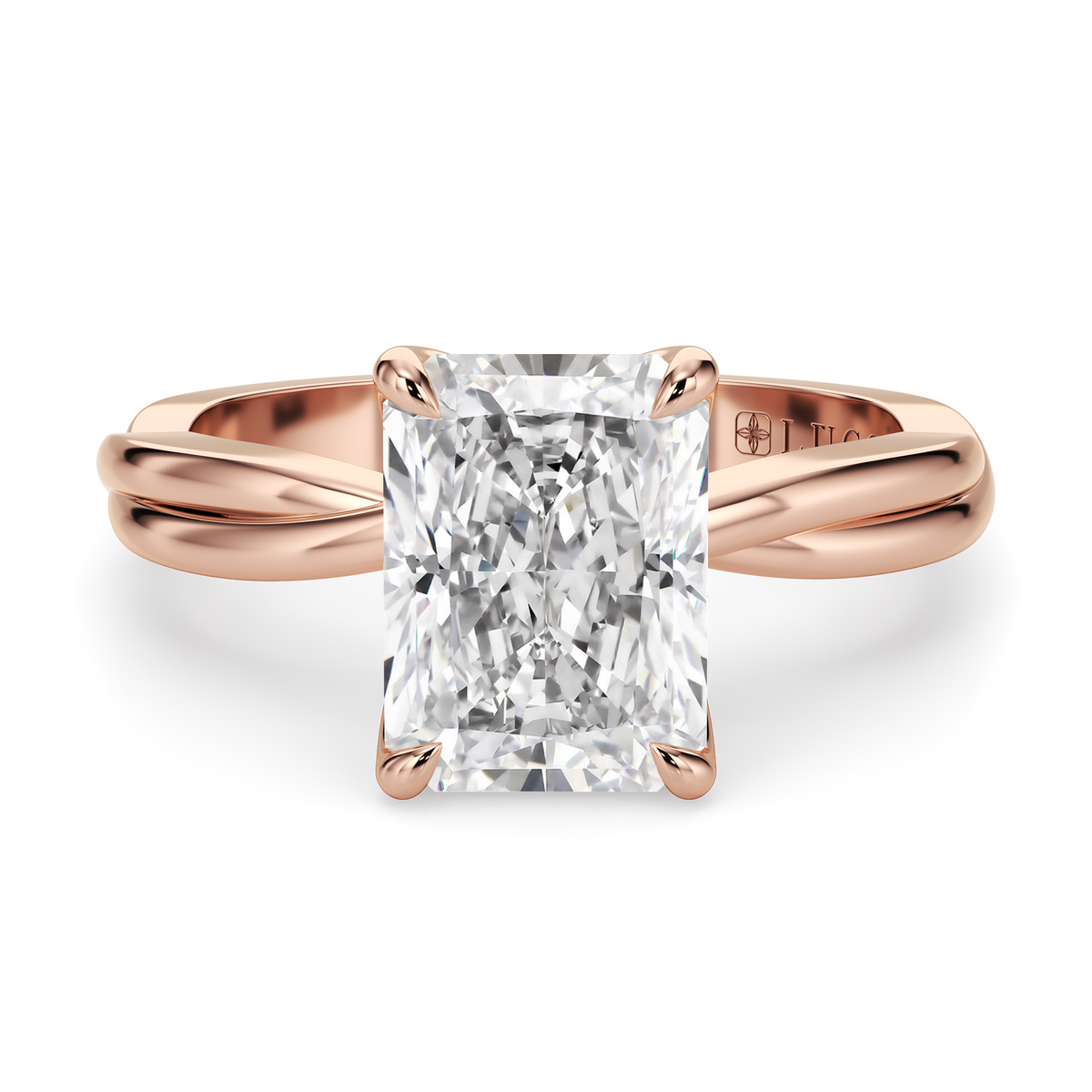 Load image into Gallery viewer, LUCCE Twisting Radiant Solitaire Diamond Engagement Ring with Petal Prongs in Gold or Platinum
